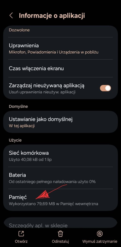 Opcja Pamięć w ustawieniach