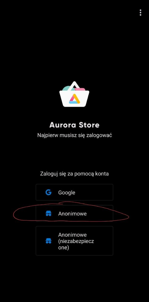 Wybór logowania anonimowego