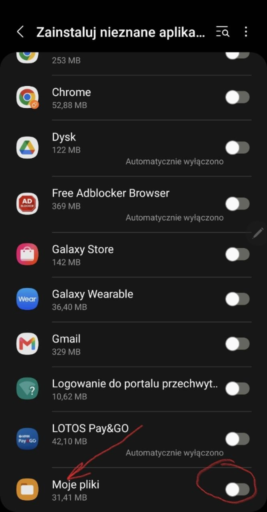 Włączenie instalowania z Moje Pliki